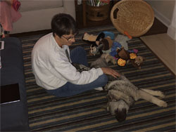 Koda at home with his new handlers Marcia and Brian